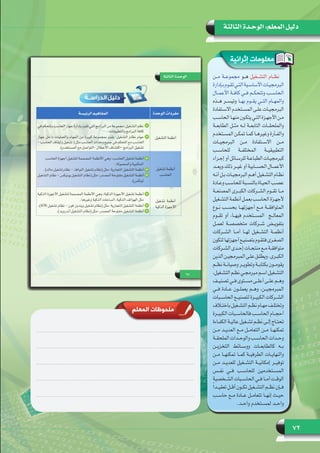 72
‫الثالثة‬ ‫الوحـدة‬ :‫المعلم‬ ‫دليل‬
‫المعلم‬ ‫ملحوظات‬
‫إثرائية‬ ‫معلومات‬
‫مــن‬ ‫مجموعــة‬ ‫هــو‬ ‫التشــغيل‬ ‫نظــام‬
‫ـإدارة‬‫ـ‬‫ب‬‫ـوم‬‫ـ‬‫تق‬‫ـي‬‫ـ‬‫الت‬‫ـية‬‫ـ‬‫األساس‬‫ـات‬‫ـ‬‫البرمجي‬
‫األعمــال‬ ‫كافــة‬ ‫فــي‬ ‫وتتحكــم‬ ‫الحاســب‬
‫هــذه‬ ‫وتيســر‬ ‫بهــا‬ ‫يقــوم‬ ‫التــي‬ ‫والمهــام‬
‫ـتفادة‬‫ـ‬‫االس‬ ‫ـتخدم‬‫ـ‬‫المس‬ ‫ـى‬‫ـ‬‫عل‬ ‫ـات‬‫ـ‬‫البرمجي‬
‫ـب‬‫ـ‬‫الحاس‬‫ـا‬‫ـ‬‫منه‬‫ـون‬‫ـ‬‫يتك‬‫ـي‬‫ـ‬‫الت‬‫ـزة‬‫ـ‬‫األجه‬‫ـن‬‫ـ‬‫م‬
‫الطابعــة‬ ‫مثــل‬ ‫لــه‬ ‫التابعــة‬ ‫والملحقــات‬
‫ـتخدم‬‫ـ‬‫المس‬ ‫ـن‬‫ـ‬‫تمك‬ ‫ـا‬‫ـ‬‫كم‬ ‫ـا‬‫ـ‬‫وغيره‬ ‫ـأرة‬‫ـ‬‫والف‬
‫البرمجيــات‬ ‫مــن‬ ‫االســتفادة‬ ‫مــن‬
‫للحاســب‬ ‫المختلفــة‬ ‫التطبيقيــة‬
‫ـراء‬‫ـ‬‫إج‬ ‫أو‬ ‫ـائل‬‫ـ‬‫للرس‬ ‫ـة‬‫ـ‬‫الطباع‬ ‫ـات‬‫ـ‬‫كبرمجي‬
‫ذلك.ويعــد‬ ‫غيــر‬ ‫أو‬ ‫الحســابية‬ ‫األعمــال‬
‫ـه‬‫ـ‬‫أن‬ ‫ـل‬‫ـ‬‫ب‬ ‫ـات‬‫ـ‬‫البرمجي‬ ‫ـم‬‫ـ‬‫أه‬ ‫ـغيل‬‫ـ‬‫التش‬ ‫ـام‬‫ـ‬‫نظ‬
‫ـادة‬‫ـ‬‫وع‬ ‫ـب‬‫ـ‬‫للحاس‬ ‫ـبة‬‫ـ‬‫بالنس‬ ‫ـاة‬‫ـ‬‫الحي‬ ‫ـب‬‫ـ‬‫عص‬
‫المصنعــة‬ ‫الكبــرى‬ ‫الشــركات‬ ‫تقــوم‬ ‫مــا‬
‫ـغيل‬‫ـ‬‫التش‬‫أنظمة‬‫ـل‬‫ـ‬‫بعم‬‫ـب‬‫ـ‬‫الحاس‬‫ـزة‬‫ـ‬‫ألجه‬
‫نــوع‬ ‫بحســب‬ ‫أجهزتهــا‬ ‫مــع‬ ‫المتوافقــة‬
‫تقــوم‬ ‫أو‬ ،‫فيهــا‬ ‫المســتخدم‬  ‫المعالــج‬
‫لعمــل‬ ‫متخصصــة‬ ‫شــركات‬ ‫بتفويــض‬
‫الشــركات‬ ‫أمــا‬ ‫لهــا‬ ‫التشــغيل‬ ‫أنظمــة‬
‫لتكون‬‫أجهزتها‬‫ـع‬‫ـ‬‫بتصني‬‫ـوم‬‫ـ‬‫فتق‬‫ـرى‬‫ـ‬‫الصغ‬
‫ـركات‬‫ـ‬‫الش‬ ‫ـدى‬‫ـ‬‫إح‬ ‫ـات‬‫ـ‬‫منتج‬ ‫ـع‬‫ـ‬‫م‬ ‫ـة‬‫ـ‬‫متوافق‬
‫الذين‬‫ـن‬‫ـ‬‫المبرمجي‬‫ـى‬‫ـ‬‫عل‬‫ـق‬‫ـ‬‫ويطل‬.‫ـرى‬‫ـ‬‫الكب‬
‫نظــم‬ ‫وصيانــة‬ ‫وتطويــر‬ ‫بكتابــة‬ ‫يقومــون‬
،‫ـغيل‬‫ـ‬‫التش‬ ‫ـم‬‫ـ‬‫نظ‬ ‫ـي‬‫ـ‬‫مبرمج‬ ‫ـم‬‫ـ‬‫اس‬ ‫ـغيل‬‫ـ‬‫التش‬
‫ـف‬‫ـ‬‫تصني‬ ‫ـي‬‫ـ‬‫ف‬ ‫ـتوى‬‫ـ‬‫مس‬ ‫ـى‬‫ـ‬‫أعل‬ ‫ـى‬‫ـ‬‫عل‬ ‫ـم‬‫ـ‬‫وه‬
‫فــي‬ ‫عــادة‬ ‫يعملــون‬ ‫وهــم‬ ،‫المبرمجيــن‬
  ‫ت‬‫الحاســبا‬ ‫لتصنيــع‬ ‫الكبيــرة‬ ‫الشــركات‬
‫ـاف‬‫ـ‬‫باخت‬ ‫ـغيل‬‫ـ‬‫التش‬ ‫ـم‬‫ـ‬‫نظ‬ ‫ـام‬‫ـ‬‫مه‬ ‫ـف‬‫ـ‬‫وتختل‬
‫ـرة‬‫ـ‬‫الكبي‬ ‫ـبات‬‫ـ‬‫فالحاس‬ ‫ـب‬‫ـ‬‫الحاس‬ ‫ـام‬‫ـ‬‫أحج‬
‫ـاءة‬‫ـ‬‫الكف‬ ‫ـة‬‫ـ‬‫عالي‬ ‫ـغيل‬‫ـ‬‫تش‬ ‫ـم‬‫ـ‬‫نظ‬ ‫ـى‬‫ـ‬‫إل‬ ‫ـاج‬‫ـ‬‫تحت‬
‫مــن‬ ‫العديــد‬ ‫مــع‬ ‫التعامــل‬ ‫مــن‬ ‫تمكنهــا‬
‫ـة‬‫ـ‬‫الملحق‬ ‫ـدات‬‫ـ‬‫والوح‬ ‫ـب‬‫ـ‬‫الحاس‬ ‫ـدات‬‫ـ‬‫وح‬
‫التخزيــن‬ ‫ووســائط‬ ‫كالطابعــات‬ ‫بــه‬
‫مــن‬ ‫تمكنهــا‬ ‫كمــا‬ ‫الطرفيــة‬ ‫والنهايــات‬
‫مــن‬ ‫للعديــد‬ ‫التشــغيل‬ ‫إمكانيــة‬ ‫توفيــر‬
‫نفــس‬ ‫فــي‬ ‫للحاســب‬ ‫المســتخدمين‬
‫ـخصية‬‫ـ‬‫الش‬ ‫ـبات‬‫ـ‬‫الحاس‬ ‫ـي‬‫ـ‬‫ف‬ ‫ـا‬‫ـ‬‫أم‬ ‫ـت‬‫ـ‬‫الوق‬
ً‫ا‬‫تعقيــد‬ ‫أقــل‬ ‫تكــون‬ ‫التشــغيل‬ ‫نظــم‬ ‫فــإن‬
‫حاســب‬ ‫مــع‬ ‫عــادة‬ ‫تتعامــل‬ ‫إنهــا‬ ‫حيــث‬
.‫واحــد‬ ‫لمســتخدم‬ ‫واحــد‬
 