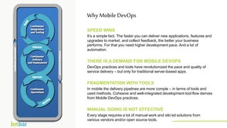 SPEED WINS
It’s a simple fact. The faster you can deliver new applications, features and
upgrades to market, and collect feedback, the better your business
performs. For that you need higher development pace. And a lot of
automation.
THERE IS A DEMAND FOR MOBILE DEVOPS
DevOps practices and tools have revolutionized the pace and quality of
service delivery – but only for traditional server-based apps.
FRAGMENTATION WITH TOOLS
In mobile the delivery pipelines are more comple – in terms of tools and
used methods. Cohesive and well-integrated development tool flow derives
from Mobile DevOps practices.
MANUAL DOING IS NOT EFFECTIVE
Every stage requires a lot of manual work and silo’ed solutions from
various vendors and/or open source tools.
Why Mobile DevOps
http://bitbar.com/testing/
 
