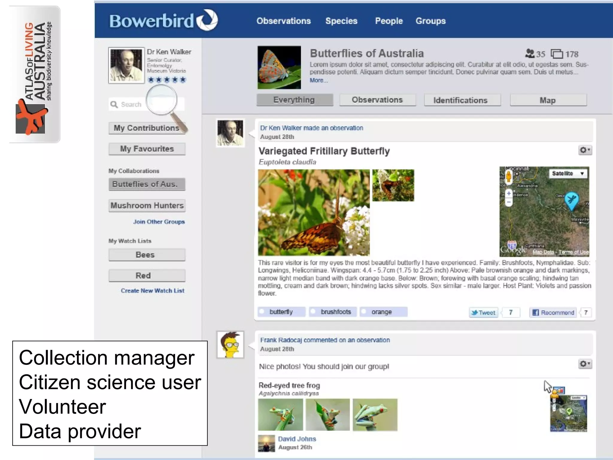 Collection manager
Citizen science user
Volunteer
Data provider
 