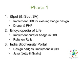 Phase 1
1. iSpot (& iSpot SA)
  •   Implement OBI for existing badge design
  •   Drupal & PHP
2. Encyclopedia of Life
  •   Implement curator badge in OBI
  •   Ruby on Rails
3. India Biodiversity Portal
  •   Design badges, implement in OBI
  •   Java (Jetty & Grails)
 