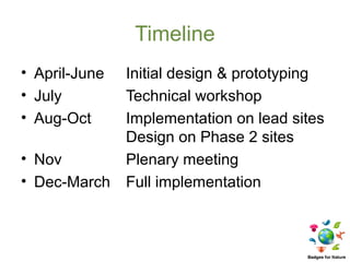 Timeline
• April-June   Initial design & prototyping
• July         Technical workshop
• Aug-Oct      Implementation on lead sites
               Design on Phase 2 sites
• Nov          Plenary meeting
• Dec-March    Full implementation
 