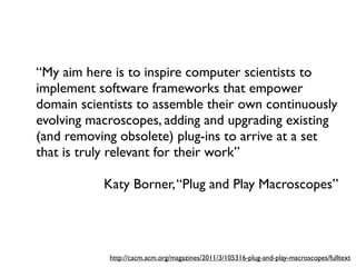 “My aim here is to inspire computer scientists to
implement software frameworks that empower
domain scientists to assemble their own continuously
evolving macroscopes, adding and upgrading existing
(and removing obsolete) plug-ins to arrive at a set
that is truly relevant for their work”

           Katy Borner, “Plug and Play Macroscopes”




            http://cacm.acm.org/magazines/2011/3/105316-plug-and-play-macroscopes/fulltext
 