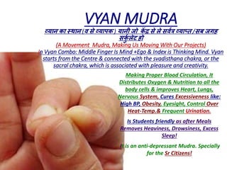 Making Proper Blood Circulation, It
Distributes Oxygen & Nutrition to all the
body cells & improves Heart, Lungs,
Nervous System, Cures Excessiveness like:
High BP, Obesity, Eyesight, Control Over
Heat-Temp.& Frequent Urination.
Is Students friendly as after Meals
Removes Heaviness, Drowsiness, Excess
Sleep!
It is an anti-depressant Mudra. Specially
for the Sr Citizens!
VYAN MUDRA
व्यान का स्थान (व से व्यापक ) यानी जो कें द्र से ले सववत्र व्याप्त /सब जगह
सकुव लेट हो
(A Movement Mudra, Making Us Moving With Our Projects)
In Vyan Combo: Middle Finger Is Mind +Ego & Index is Thinking Mind. Vyan
starts from the Centre & connected with the svadisthana chakra, or the
sacral chakra, which is associated with pleasure and creativity.
 