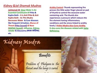 Kidney &Jal-Shamak Mudras
Jalshamak M Since Water Is An
Essential Constituent Of Pitta &
Kapha Both - It is Anti Pitta & Anti
Kapha Both - As This Mudra
Decreases Water & Cure diseases
like Frequent Urination, Mucus of
Throat (Pitta Caused) & Nose
(KAPHA Caused), Influenza, Kidney,
Jalodar & Glaucoma (काला-मोनतया)
etc.
Acidity Control: Thumb representing fire
presses the little water finger placed on pad
of thumb to control the excessive water
containing acid. The thumb also
experiences a pressure which reduces the
fire element having inflammatory
conditions and the stress linked to acidity
levels,! Prithvi Mudra Also Cures Acidity.
It also cures the diseases related with Vatta
Deficiency;
 