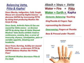 Balancing Vatta,
Pitta & Kapha!
Elements: Balancing: Touching
KingThumbs & Fingers Tops
representing the Element!
Deacreasing: Fingers at Thumbs
Base & Pressed under Thumb!.
Thumb Is King
Akash + Vayu = Vatta
Water + Fire = Pitta
Water + Earth = KaphaSince Obesity, Indigestion, Cold, Cough,
Mucus are caused by Kapha Excesse - so
decrease KAPHA by inncreasing PITTA
by doing heat producing Mudras like
Surya & Ling.
Since Jionts, Arthritis Pains & Gas are
caused by Vatta excess - so decease
VATTA by doing Vayu & Vatta Shamak
Mudras! Vata dosha exhibits itself as
restlessness, anxiety, fear, a sense of
insecurity, dryness, constipation, poor or
variable appetite, bloating and
headache.
Since Fever, Burning, Acidity are caused
by PITTA excess- so decrease PITTA by
KAPHA Balance Mudras like Prithvi,
Pran!
Jal Shamak Mudras decreases Pitta &
Fire Both
 