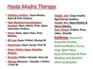 Hasta Mudra Therapy
• Diabetes mellitus : Gyan Mudra,
Apan & Pran mudras.
• High Blood-pressure(highper-
tension): Gyan, Akash, Pran, Apan-
vayu,Vyan mudras.
• Heart: Gyan, Apan Vayu, Pran
Mudras.
• BP-Low: Gyan, Prithvi, Shunya M
• Depression: Gyan, Surya, Pran M
• Fever: Prithvi, Apan, Shankha
Mudras.
• Sinusitis: Prithvi +Shankh +Pran M
• Allergy: Bhramar + Shankh + Prithvi
+ Pran M
Cough, wet: Linga mudra,
Agni/Surya mudras.
Cough, dry: Vayu-Mudra &
Varun Mudra.
Sore Throat: Prithvi, Pran,
Udan, Shankh
Asthma: Swanshni
Swanshh Mudra,
Asthma Mudra, Surya,
Ling, Span Vayu,
Gyan/Chinmaya & Pran
Mudras and Anulom
vilom pranayam.
 