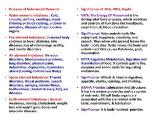 • Diseases of Imbalanced Elements
• Water element Imbalance : Cold,
sinusitis, asthma, swellings, blood
thinning or blood clotting, problem in
urination, diseases of reproductive
organs.
• Fire element Imbalance: Increased body
coldness or fever, diabetes, skin
diseases, loss of vital energy, acidity,
and mental disorders.
• Air element Imbalance: Nervous
disorders, blood pressure problems,
lung disorders, physical pains,
deformities, depression, locomotors
ataxia (Loosing Control over Body)
• Space element Imbalance: Thyroid
disorders, throat problems, speech
disorders, epilepsy, mental illness,
foolhardiness (Foolish Bravery Act), ear
diseases.
• Earth element Imbalance : General
weakness, obesity, cholesterol, weight-
loss and weight gain, bones and
muscular diseases.
• Significance of :Vata, Pitta, Kapha.
• VATA: The Energy Of Movement is the
driving vital force or prana, which mobilizes
and controls all functions like heartbeats,
respiration, & blood circulation.
• Significance- Vata controls traits like
enjoyment, happiness, creativity, and
speech. Thus when vata (prana) leaves the
body - body dies. Vatta moves the body and
unbalanced Vata causes flatulence, gout,
rheumatism.
• PITTA Regulates Metabolism, Digestion and
Assimilation of food. It controls gastric fire,
enzymes and amino acids for regulating
metabolism.
• Significance- Affects & helps in digestion,
appetite, vitality, learning, and thinking.
• KAPHA Provides Lubrication And Structure:
It has the watery properties and is a carrier
of nutrients. All soft body organs are
associated with this are related with the
taste, nourishment, & lubrication.
• Significance- It is body nutrient- provider.
 