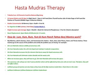 Hasta Mudras Therapy
• Tridosha Cure: All Elements Could be Balanced by doing:
• (1) Saman Mudra and (2) Apan in Right Hand + Gyan in left hand (Here ThumbTouches side of Index finger of left hand like
Position of Thumb & Middle finger in Bharmar Mudra).
• Studies Concentration & Memory: Gyan + Budhi + Pran M.
• For Digestion & Anti Laziness / Anti Sleep: Pushan Mudra 1.
• Height Increase upto teenage: Gyan + Shankh + Akash for Calcium & Phosphorous + Pran for Vitamin absorption!
• Navel Displacement: Apan Mudra 48 Minutes for 2-3 weeks.
• How do Lum, Vum, Rum, Yum & Hum Panch Tattva Beej Mantra work?
• Bija Mantras, which cleanses, clears, and harmonizes the chakras – Basic, Hara, Solar Plexus, Heart, and Throat chakras. These
mantras go to the source of the problem and rectify the problem you are facing. For example:-
• Om Lum Namaha reduces solidity of cancerous cells.
• Om Vum Namaha makes the cells into liquid and making it ready for evaporation.
• Om Rum Namaha increases the fire element that burns away the liquid cancerous cells.
• Om Yum Namaha will eliminate carbon dioxide and the waste cells.
• When we increase space, they will have to go. Om Hum Namaha will increase the space.
• The cancerous cells will go out. Don’t worry whether others will be affected by them, for cells are inert now. Therefore, they will
not affect others.
• Lalitham group of mantras can also help as they have all the Bija mantras inside them. Chant them in the order:
• Lalitham Sridharam Lalitham Baskaram Lalitham Sudarshnam
 