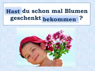 _____ du schon mal Blumen
geschenkt _________ ?
Hast
bekommen
 