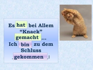 Es ____ bei Allem
“Knack”
__________…
Ich _____ zu dem
Schluss
______________:
gemacht
hat
bin
gekommen
 