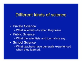 Different kinds of science

• Private Science
  – What scientists do when they learn.
• Public Science
  – What the scientists and journalists say.
• School Science
  – What teachers have generally experienced
    when they learned.
 