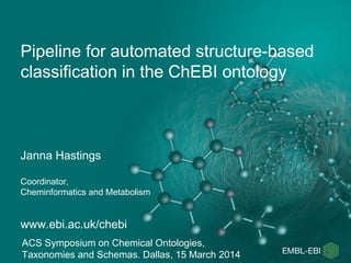 Pipeline for automated structure-based
classification in the ChEBI ontology
Janna Hastings
Coordinator,
Cheminformatics and Metabolism
www.ebi.ac.uk/chebi
ACS Symposium on Chemical Ontologies,
Taxonomies and Schemas. Dallas, 16 March 2014
 