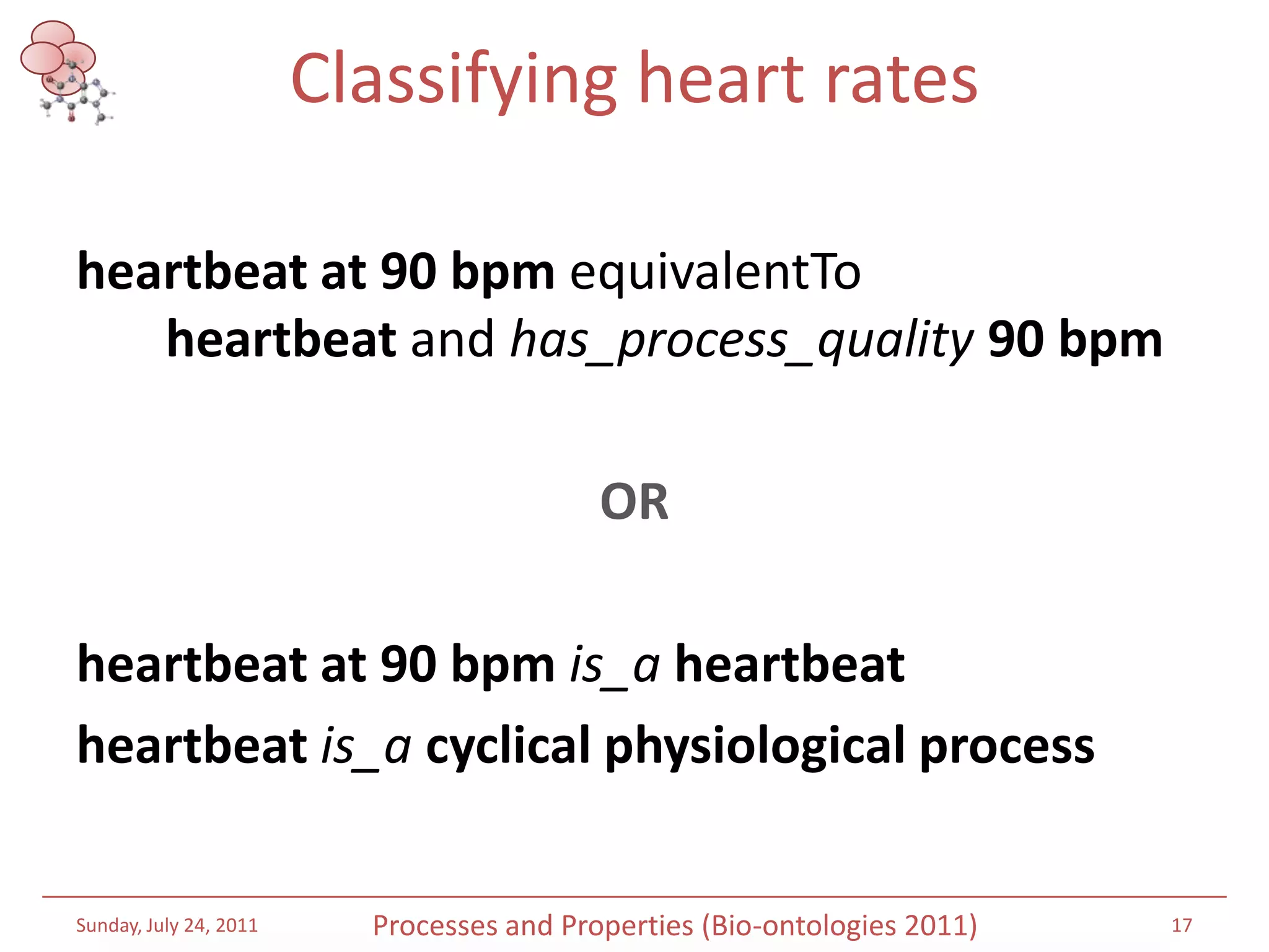 Classifying heart ratesheartbeat at 90 bpmequivalentTo       heartbeat and has_process_quality90 bpmORheartbeat at 90 bpmis_aheartbeat heartbeat is_acyclical physiological processSaturday, July 16, 201117Processes and Properties (Bio-ontologies 2011)