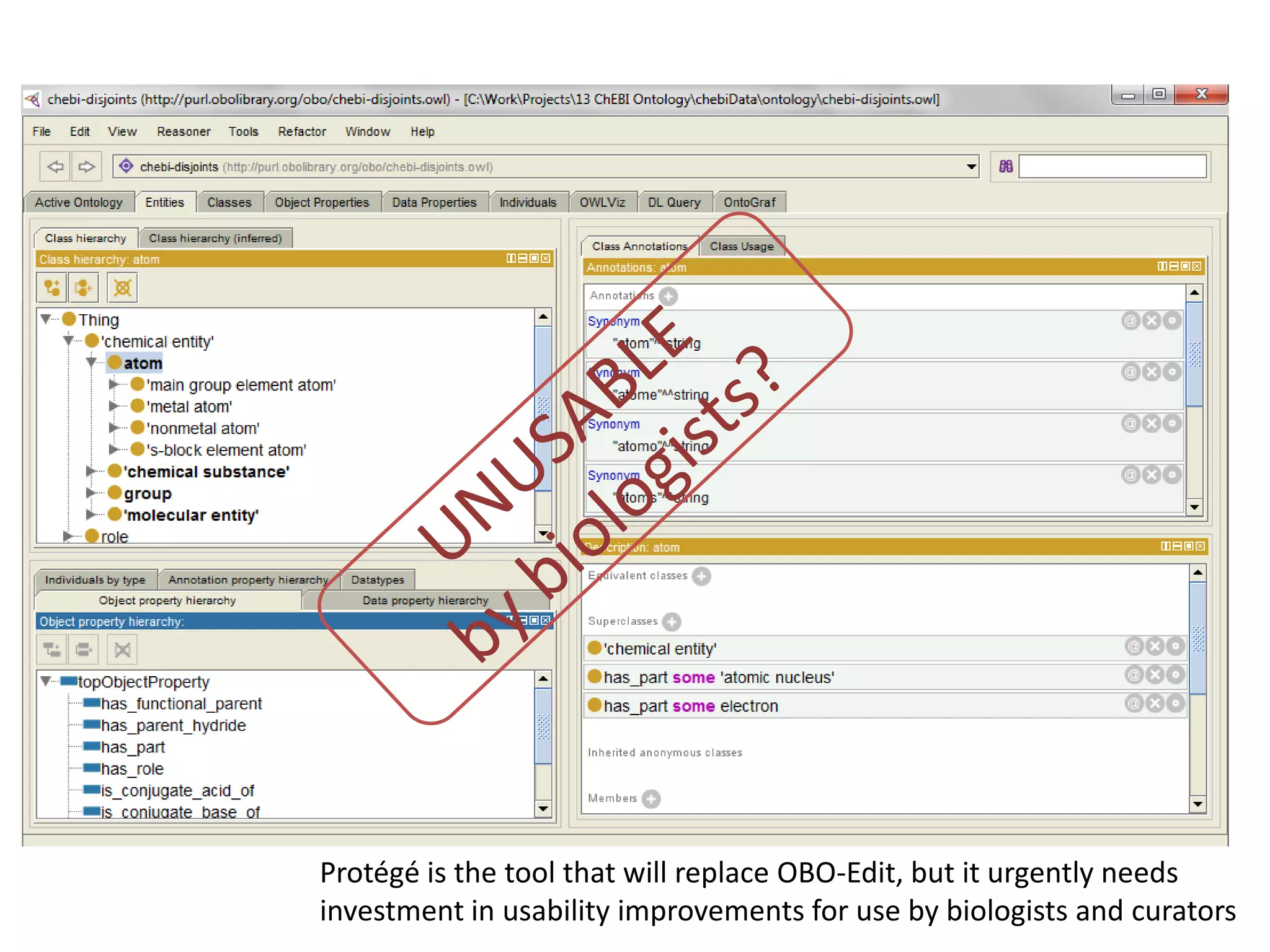 Protégé is the tool that will replace OBO-Edit, but it urgently needs
investment in usability improvements for use by biologists and curators
 