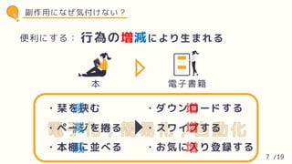 副作用になぜ気付けない？
本 電子書籍
・栞を挟む
・ページを捲る
・本棚に並べる
・ダウンロードする
・スワイプする
・お気に入り登録する
便利にする：電子化,簡易化,省略化,小型化,自動化...
行為の増減により生まれる
7 /19
 