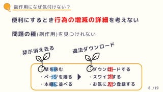 副作用になぜ気付けない？
便利にするとき行為の増減の詳細を考えない
問題の種(副作用)を見つけれない
栞が消え去る
違法ダウンロード
・栞を挟む
・ページを捲る
・本棚に並べる
・ダウンロードする
・スワイプする
・お気に入り登録する
8 /19
 