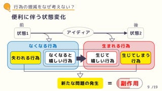 便利に伴う状態変化
なくなる行為 生まれる行為
失われる行為
なくなると
嬉しい行為
生じてしまう
行為
生じて
嬉しい行為
状態2
状態1 アイディア
前 後
新たな問題の発生
行為の増減をなぜ考えない？
副作用
＝ 9 /19
 