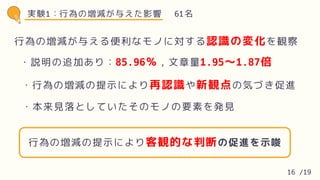 行為の増減が与えた影響 61名
・本来見落としていたそのモノの要素を発見
実験1：
・説明の追加あり：85.96％，文章量1.95〜1.87倍
・行為の増減の提示により再認識や新観点の気づき促進
行為の増減の提示により客観的な判断の促進を示唆
行為の増減が与える便利なモノに対する認識の変化を観察
16 /19
 