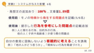 実験2：システムが与えた影響 6名
・発想文の追加あり：100％，文章量1.89倍
使用前：モノの特徴から発生する問題点を記載(5/6名)
使用後：提示した行為を参考にした問題点の記載追加
例）人と関わる行為，目的外の行為，
他の人（子供や高齢者）が使う際の問題点
例）「他の人がどう思うか」,「関係ない行為を関連づけた」
自分の意見に固執しないよう客観的に考えることを誘発
18 /19
 
