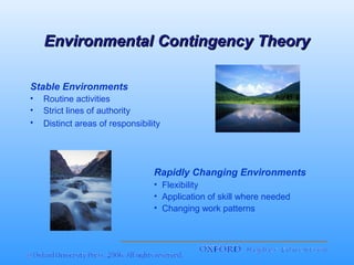 Environmental Contingency Theory
Stable Environments
•
•
•

Routine activities
Strict lines of authority
Distinct areas of responsibility

Rapidly Changing Environments
• Flexibility
• Application of skill where needed
• Changing work patterns

 