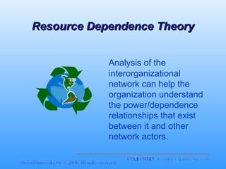Resource Dependence Theory
Analysis of the
interorganizational
network can help the
organization understand
the power/dependence
relationships that exist
between it and other
network actors.

 