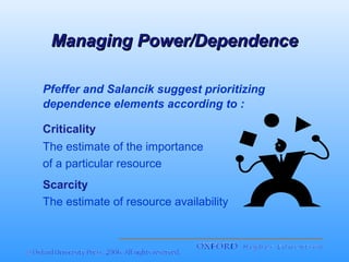 Managing Power/Dependence
Pfeffer and Salancik suggest prioritizing
dependence elements according to :
Criticality
The estimate of the importance
of a particular resource
Scarcity
The estimate of resource availability

 