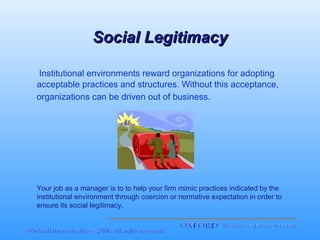 Social Legitimacy
Institutional environments reward organizations for adopting
acceptable practices and structures. Without this acceptance,
organizations can be driven out of business.

Your job as a manager is to to help your firm mimic practices indicated by the
institutional environment through coercion or normative expectation in order to
ensure its social legitimacy.

 