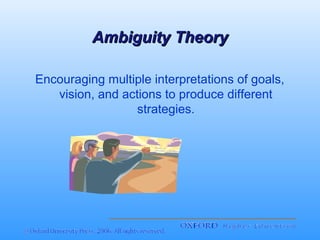 Ambiguity Theory
Encouraging multiple interpretations of goals,
vision, and actions to produce different
strategies.

 