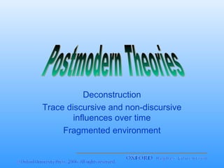 Deconstruction
Trace discursive and non-discursive
influences over time
Fragmented environment

 