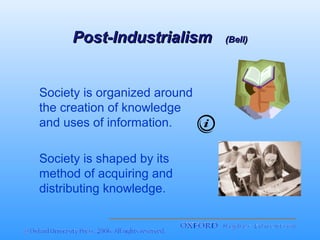 Post-Industrialism
Society is organized around
the creation of knowledge
and uses of information.
Society is shaped by its
method of acquiring and
distributing knowledge.

(Bell)

 