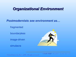 Organizational Environment
Postmodernists see environment as…
fragmented
boundaryless
image-driven
simulacra

 