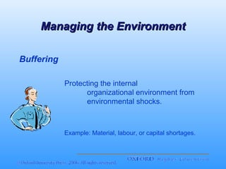 Managing the Environment
Buffering
Protecting the internal
organizational environment from
environmental shocks.

Example: Material, labour, or capital shortages.

 