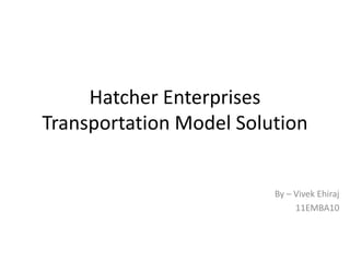 Hatcher Enterprises
Transportation Model Solution


                         By – Vivek Ehiraj
                              11EMBA10
 