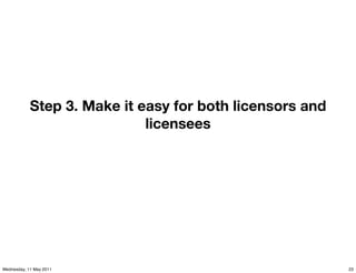 Step 3. Make it easy for both licensors and
                             licensees




Wednesday, 11 May 2011                                    23
 