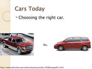 Cars Today
                  Choosing the right car.




                                           Vs.




http://www.edmunds.com/advice/buying/articles/78388/page001.html
 