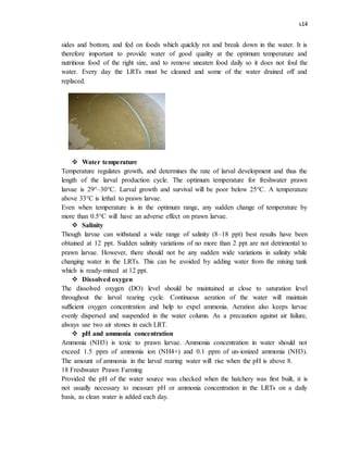 s14
sides and bottom, and fed on foods which quickly rot and break down in the water. It is
therefore important to provide water of good quality at the optimum temperature and
nutritious food of the right size, and to remove uneaten food daily so it does not foul the
water. Every day the LRTs must be cleaned and some of the water drained off and
replaced.
 Water temperature
Temperature regulates growth, and determines the rate of larval development and thus the
length of the larval production cycle. The optimum temperature for freshwater prawn
larvae is 29°–30°C. Larval growth and survival will be poor below 25°C. A temperature
above 33°C is lethal to prawn larvae.
Even when temperature is in the optimum range, any sudden change of temperature by
more than 0.5°C will have an adverse effect on prawn larvae.
 Salinity
Though larvae can withstand a wide range of salinity (8–18 ppt) best results have been
obtained at 12 ppt. Sudden salinity variations of no more than 2 ppt are not detrimental to
prawn larvae. However, there should not be any sudden wide variations in salinity while
changing water in the LRTs. This can be avoided by adding water from the mixing tank
which is ready-mixed at 12 ppt.
 Dissolved oxygen
The dissolved oxygen (DO) level should be maintained at close to saturation level
throughout the larval rearing cycle. Continuous aeration of the water will maintain
sufficient oxygen concentration and help to expel ammonia. Aeration also keeps larvae
evenly dispersed and suspended in the water column. As a precaution against air failure,
always use two air stones in each LRT.
 pH and ammonia concentration
Ammonia (NH3) is toxic to prawn larvae. Ammonia concentration in water should not
exceed 1.5 ppm of ammonia ion (NH4+) and 0.1 ppm of un-ionized ammonia (NH3).
The amount of ammonia in the larval rearing water will rise when the pH is above 8.
18 Freshwater Prawn Farming
Provided the pH of the water source was checked when the hatchery was first built, it is
not usually necessary to measure pH or ammonia concentration in the LRTs on a daily
basis, as clean water is added each day.
 