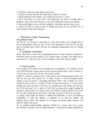 s17
1. Feed larvae with more brine shrimp if necessary.
2. Remove air stones and feed later stage larvae. Replace air stones
3. Set up rehydrated brine shrimp cysts to hatch out over next 1–2 days
4. Mix a new batch of 12 ppt water in the mixing tank, and leave it overnight with an
immersion heater and strong aeration to come up to temperature and lose any chlorine.
5. Clean up all buckets, hoses and other equipment, wash them and leave them to dry.
6. Inspect all LRTs to ensure aeration is running and heaters are on, and there are no
other problems. Close up the hatchery.
Post-Larvae Culture Management:
The postlarval stage:
The first PL are expected at about Day 23 of the larval culture cycle. Usually 90% of
larvae metamorphose within the next 10 days from appearance of the first PL, but there
may be latestage larvae which still have not undergone metamorphosis into PL, through
till Day 35.
 Acclimation to freshwater
When about 90% of larvae have metamorphosed into PL, they should be acclimated to
freshwater ready for pond stocking or for a nursery phase of culture. The salinity can be
decreased by 3– 5 ppt every time a water exchange is done, until 0 ppt is reached.
 Nursery system
Overcrowding of PL causes a lot of mortality due to cannibalism, so PL should be moved
out of LRTs and into a nursery tank or grow-out pond without delay. Losses of about 10–
15% per day can occur if PL are left overcrowded in LRTs.
Ideally PL should be transferred into a large nursery tank with large bottom surface area
from the time that 90% became PL, to further increase in size and hardiness before
transfer to grow-out ponds. A rectangular, flat-bottom 5000 L tank is suitable. PL can be
stocked in nursery tanks at a density of 25/m3 of water and reared for 2–5 weeks before
stocking into grow-out ponds. In Fiji they are normally kept in the nursery tank until they
are 15–20 mm long (½ to ¾ inch), or 0.015–0.02 g average body weight. Keeping the
juveniles in nursery tanks or a nursery pond at the hatchery longer, until they reach a size
of 3–5 g, gives better growth and survival when they are moved to the grow-out ponds.
A nursery system helps the farmer to monitor the productivity of seed, and improves
predictability of yield and efficiency of utilization of the grow-out facilities with
improved prawn yields. Most farmers in Fiji bypass the nursery phase, however, and
stock PL directly into ponds.
PL are primarily bottom-dwelling organisms. Whether in a nursery tank or in a pond,
they should be provided with an artificial substrate or structures like plastic shadecloth or
 