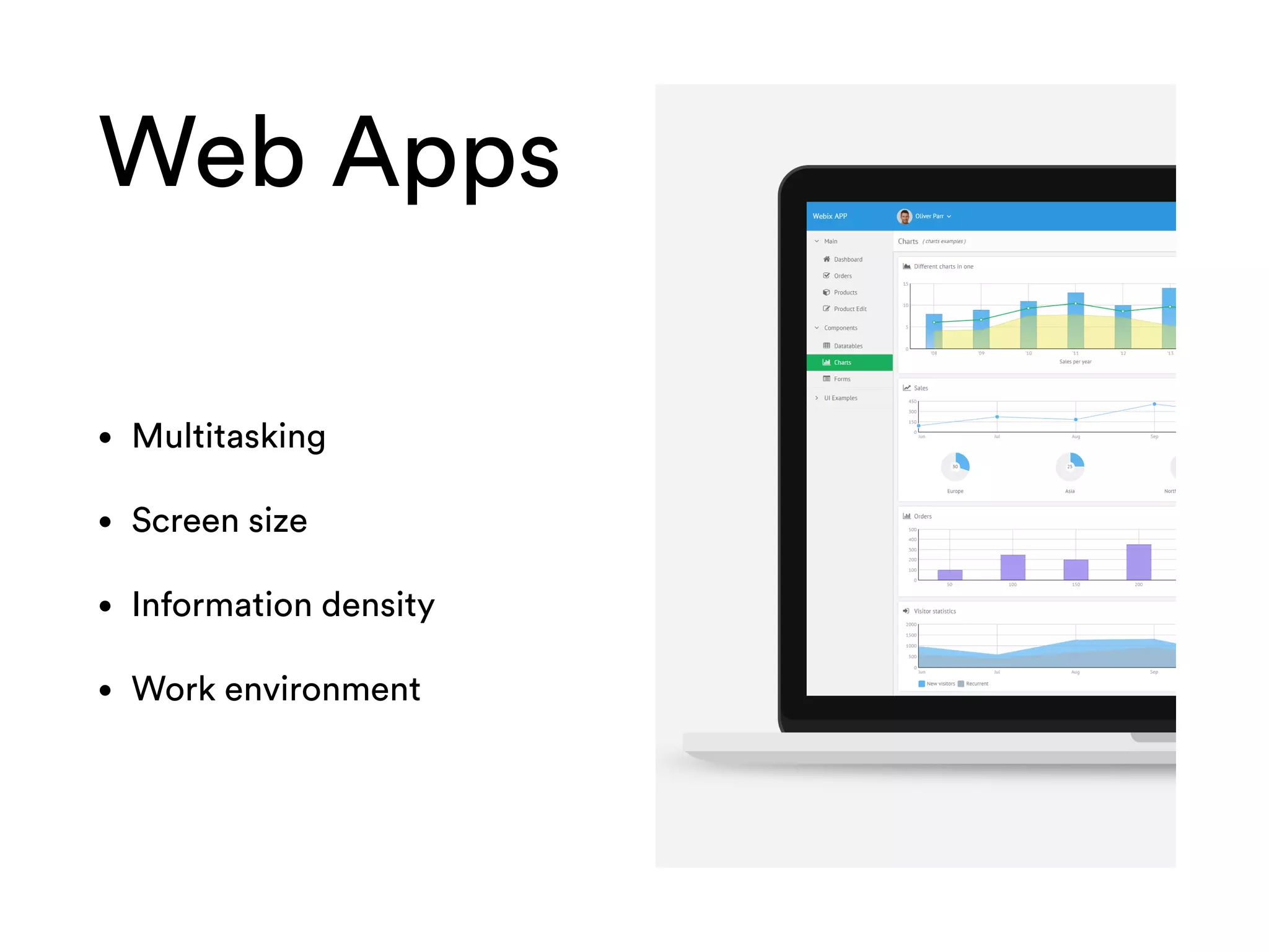 Web Apps
• Multitasking
• Screen size
• Information density
• Work environment
 