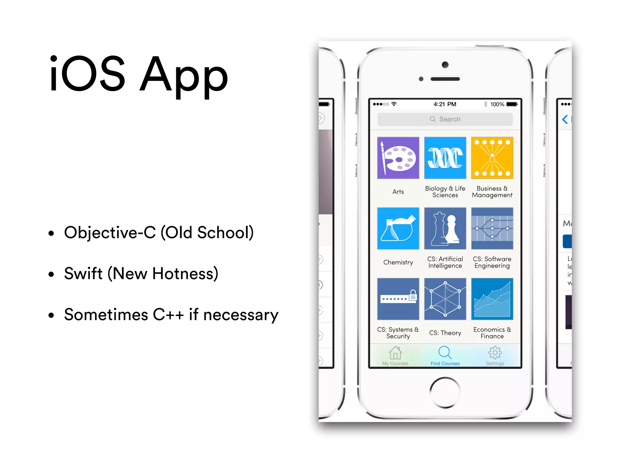 iOS App
• Objective-C (Old School)
• Swift (New Hotness)
• Sometimes C++ if necessary
 