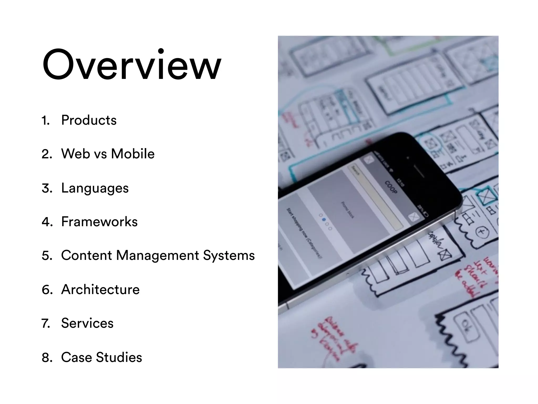 Overview
1. Products
2. Web vs Mobile
3. Languages
4. Frameworks
5. Content Management Systems
6. Architecture
7. Services
8. Case Studies
 