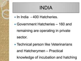 INDIA
 In India - 400 Hatcheries.
 Government Hatcheries – 160 and
remaining are operating in private
sector.
 Technical person like Veterinarians
and Hatcherymen – Practical
knowledge of incubation and hatching
 