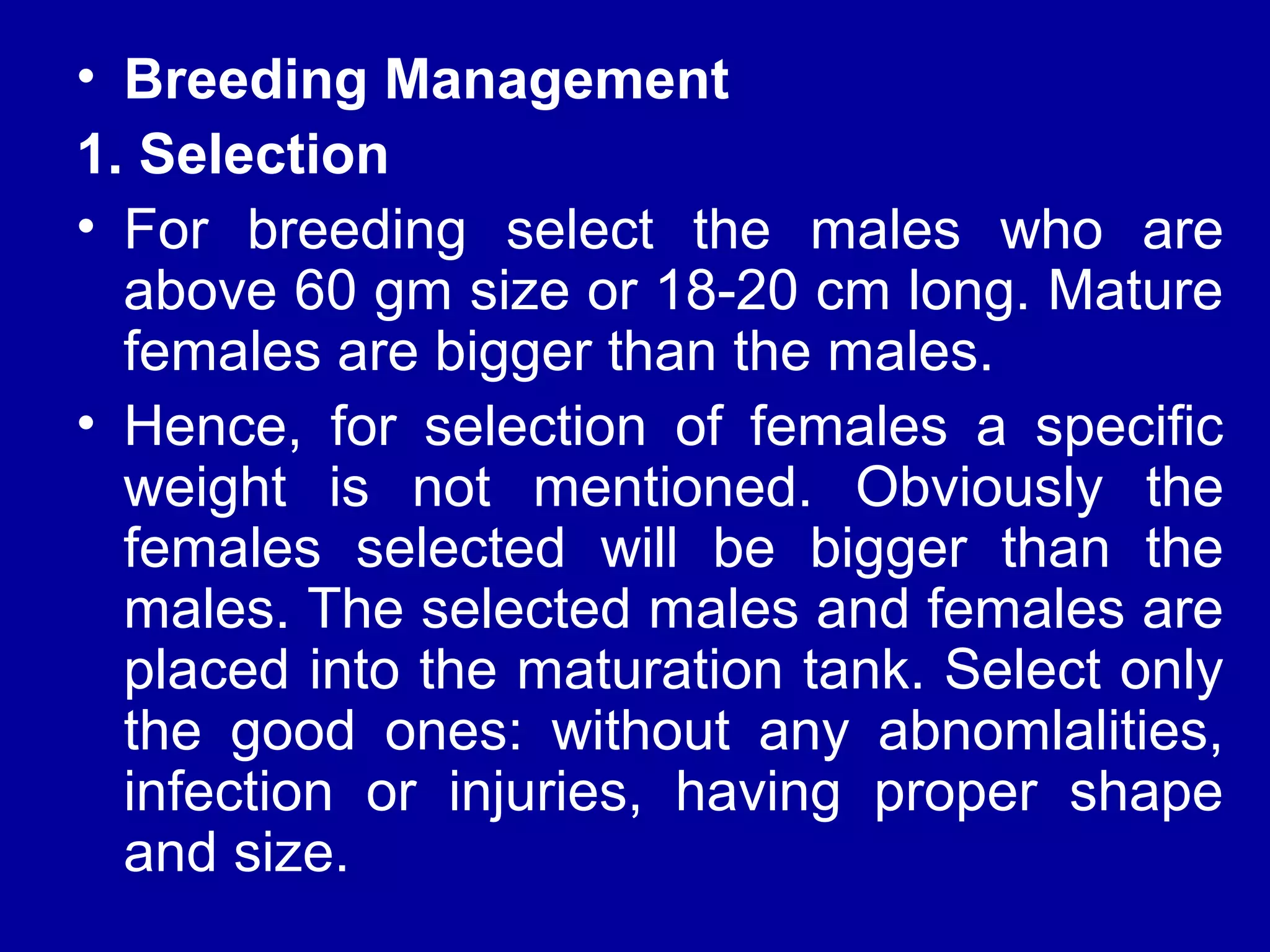 • Breeding Management
1. Selection
• For breeding select the males who are
above 60 gm size or 18-20 cm long. Mature
females are bigger than the males.
• Hence, for selection of females a specific
weight is not mentioned. Obviously the
females selected will be bigger than the
males. The selected males and females are
placed into the maturation tank. Select only
the good ones: without any abnomlalities,
infection or injuries, having proper shape
and size.
 