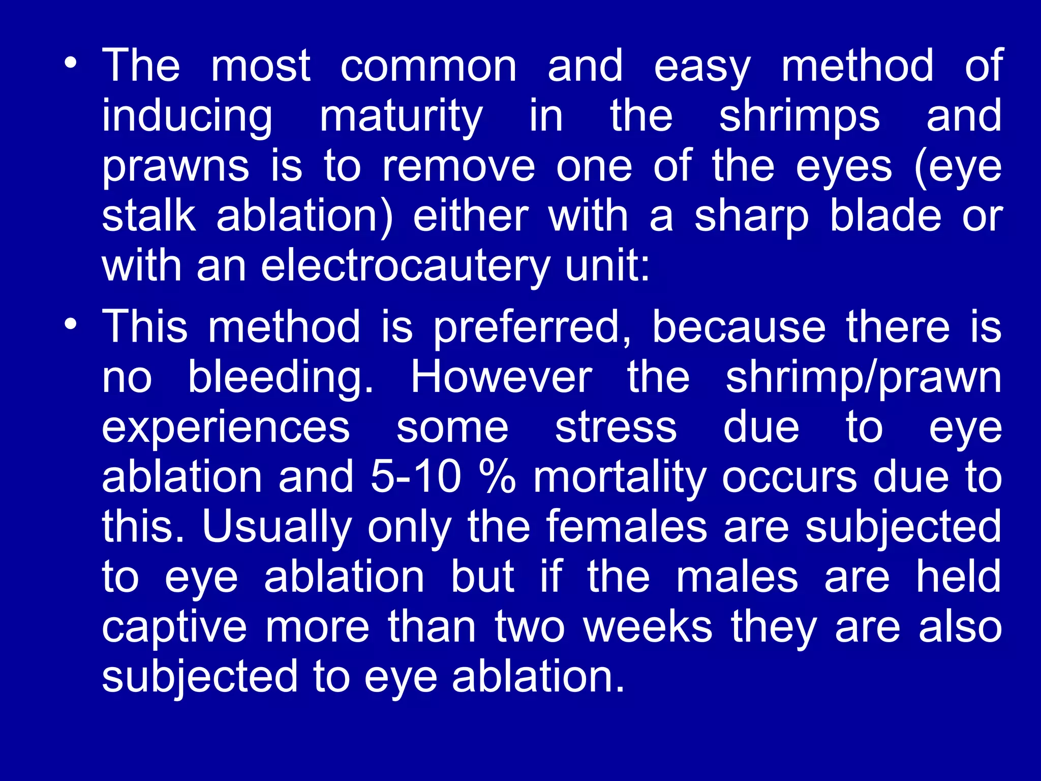 • The most common and easy method of
inducing maturity in the shrimps and
prawns is to remove one of the eyes (eye
stalk ablation) either with a sharp blade or
with an electrocautery unit:
• This method is preferred, because there is
no bleeding. However the shrimp/prawn
experiences some stress due to eye
ablation and 5-10 % mortality occurs due to
this. Usually only the females are subjected
to eye ablation but if the males are held
captive more than two weeks they are also
subjected to eye ablation.
 