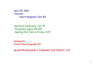 April 25, 2012
+Hatchet
    ->Short Response Test #3



Spelling & Vocabulary: Unit 15
-Vocabulary pages 154-155
-Spelling Post Test on Friday, 4/27



Homework:
Finish Final Paragraph #3

QUARTER READING & SUMMARY DUE FRIDAY, 5/11




                                             1
 