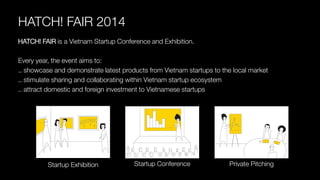 HATCH! FAIR 2014 
HATCH! FAIRis a Vietnam Startup Conference and Exhibition. 
Every year, the event aims to: 
.. showcase and demonstrate latest products from Vietnam startups to the local market 
.. stimulate sharing and collaborating within Vietnam startup ecosystem 
.. attract domestic and foreign investment to Vietnamese startups 
Startup Conference 
Startup Exhibition 
Private Pitching  