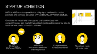 STARTUP EXHIBITION 
HATCH! ARENA -startup exhibition -highlights the latest innovative products and services, as well as MVP and DEMO, of Vietnam startups. 
Exhibitors will have theirs chances not only to showcase their competitiveness, gain market trust, attract media and investors but also to test their new products to real customers. 
30 angel investors, fund representatives 
25 startups, MVPs and DEMOs 
1000 start-up enthusiasts, developers and entrepreneurs 
7 broadcast media 40 online news  