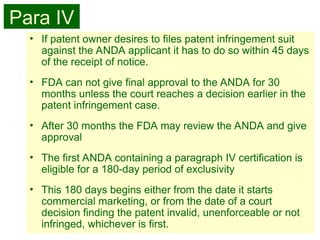 32
• If patent owner desires to files patent infringement suit
against the ANDA applicant it has to do so within 45 days
of the receipt of notice.
• FDA can not give final approval to the ANDA for 30
months unless the court reaches a decision earlier in the
patent infringement case.
• After 30 months the FDA may review the ANDA and give
approval
• The first ANDA containing a paragraph IV certification is
eligible for a 180-day period of exclusivity
• This 180 days begins either from the date it starts
commercial marketing, or from the date of a court
decision finding the patent invalid, unenforceable or not
infringed, whichever is first.
Para IV
 