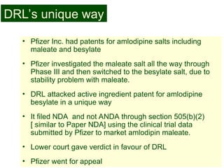 52
DRL’s unique way
• Pfizer Inc. had patents for amlodipine salts including
maleate and besylate
• Pfizer investigated the maleate salt all the way through
Phase III and then switched to the besylate salt, due to
stability problem with maleate.
• DRL attacked active ingredient patent for amlodipine
besylate in a unique way
• It filed NDA and not ANDA through section 505(b)(2)
[ similar to Paper NDA] using the clinical trial data
submitted by Pfizer to market amlodipin maleate.
• Lower court gave verdict in favour of DRL
• Pfizer went for appeal
 