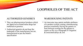 LOOPHOLES OF THE ACT
AUTHORIZED GENERICS
• They are pharmaceutical products which
are approved as brand name drugs but
marketed as generics.
• Authorized generics do not bear the
trademark of the manufacturer but are
manufactured as per the brand’s
specification
WAREHOUSING PATENTS
• An innovator may patent multiple attributes
of a product (colour coating, manufacturing
process) essentially forcing the generic to
hose between waiting for the patents to
expire or file via a Paragraph IV litigation
& associated delays & cost
 