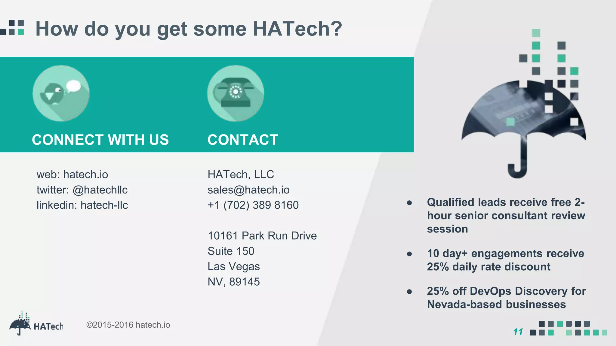 11
©2015-2016 hatech.io
11
How do you get some HATech?
web: hatech.io
twitter: @hatechllc
linkedin: hatech-llc
HATech, LLC
sales@hatech.io
+1 (702) 389 8160
10161 Park Run Drive
Suite 150
Las Vegas
NV, 89145
● Qualified leads receive free 2-
hour senior consultant review
session
● 10 day+ engagements receive
25% daily rate discount
● 25% off DevOps Discovery for
Nevada-based businesses
CONNECT WITH US CONTACT
 
